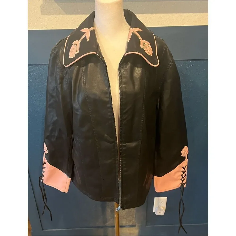 Maixang Oversized Faux Leather Embroidered Jackets Zip Up Motorcycle Coats